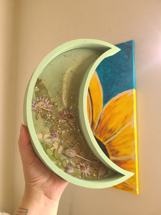 Floral Crescent Moon Wooden Tray