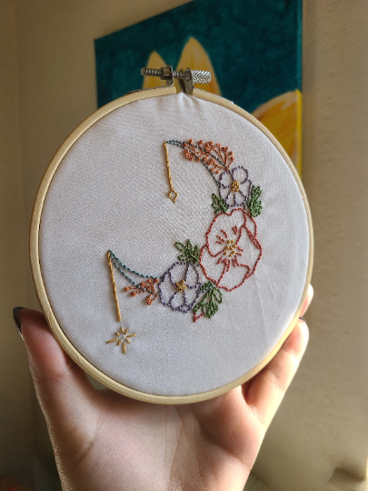Floral Moon Embroidery Hoop 6 Inches