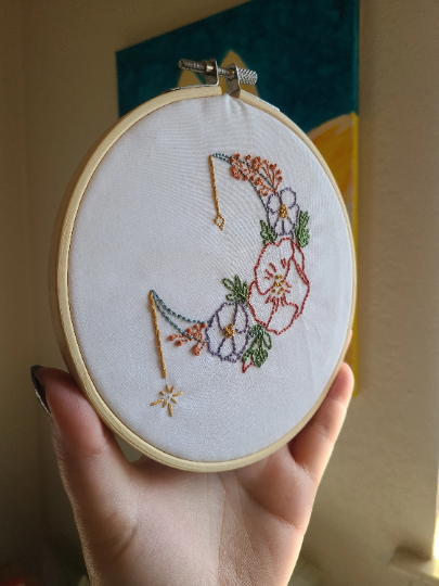 Floral Moon Embroidery Hoop 6 Inches