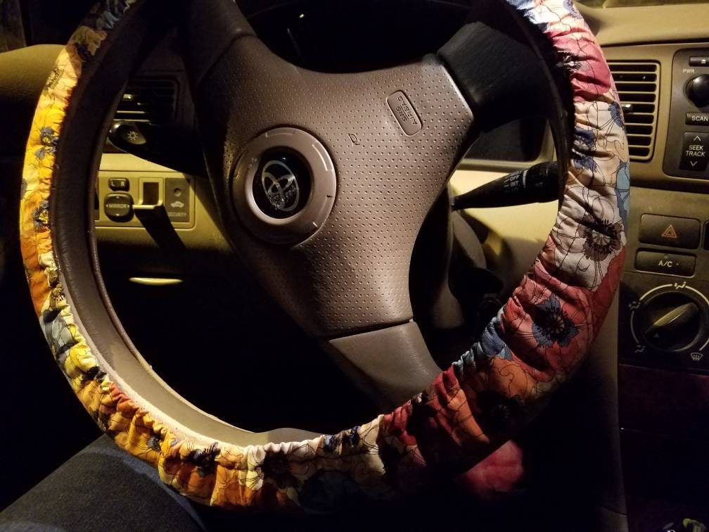 Poppies Steering Wheel Cover, 100% Cotton, Washable, Custom Car Accessories, Floral, Gifts for Her - Harlow's Store and Garden Gifts