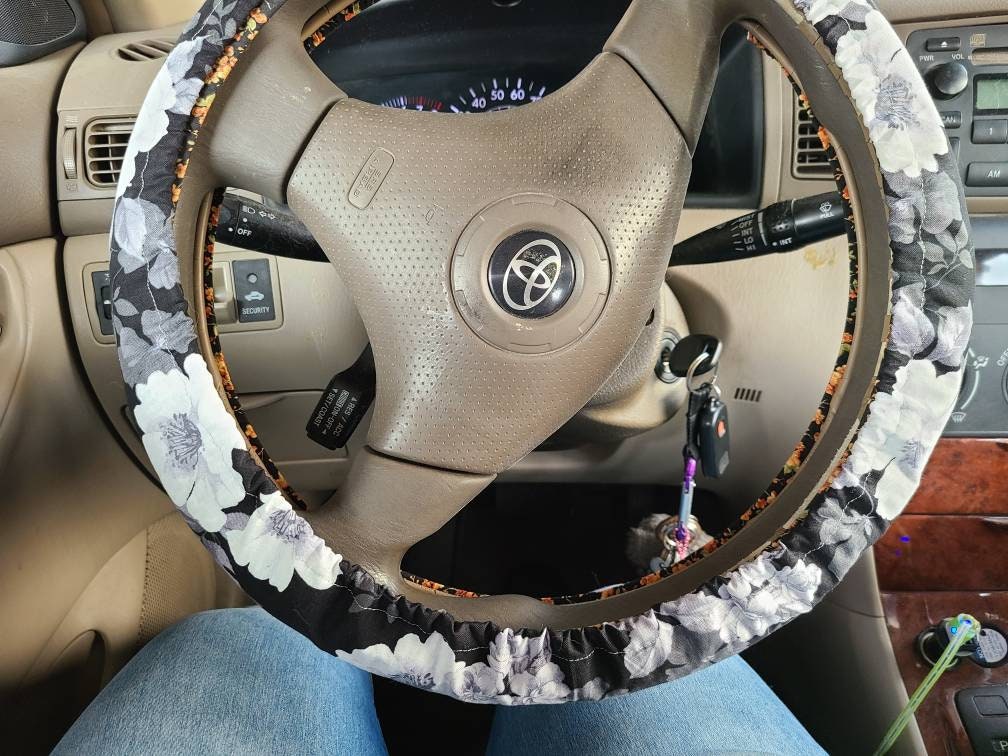 Black Floral Steering Wheel Cover Handmade - Harlow's Store and Garden Gifts