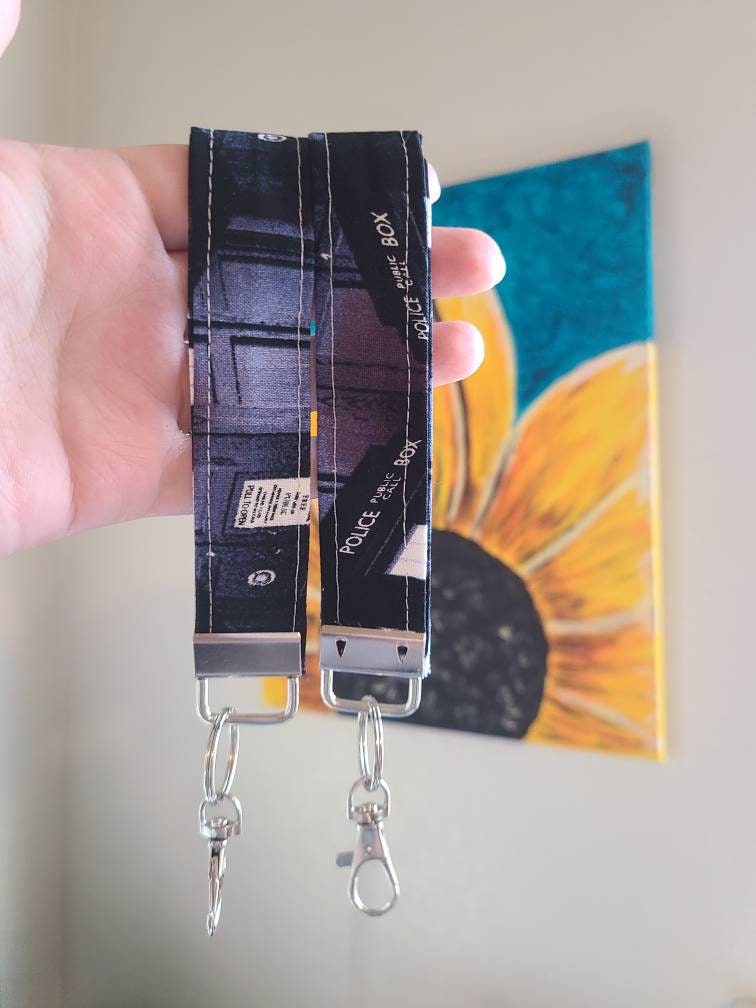 Police Box Wristlet Keychain made with Licensed Doctor Who Fabric - Harlow's Store and Garden Gifts