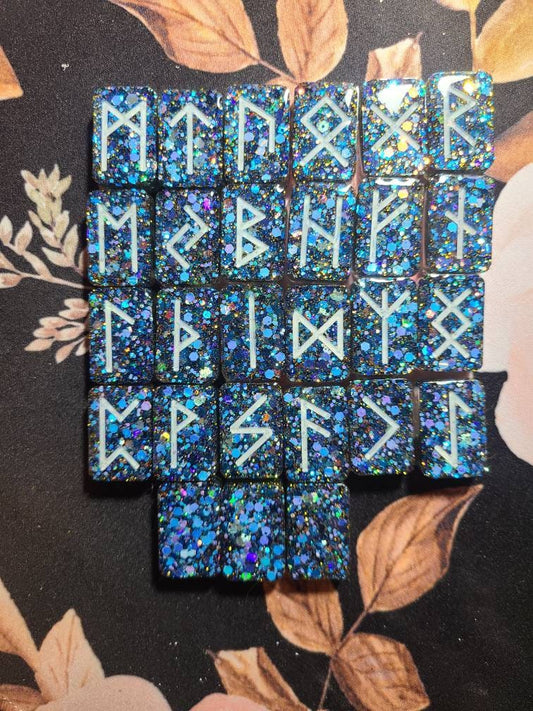 Blue Glitter Elder Futhark Set