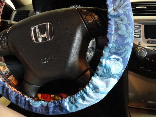 Metallic Silver Lined Blue Floral Steering Wheel Cover - Harlow's Store and Garden Gifts